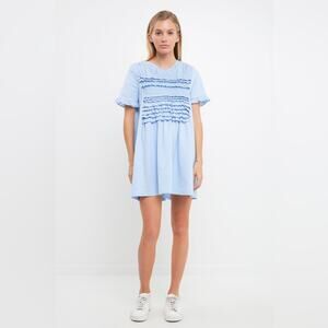 NWT English Factory Powder Blue Mixed Media Ruffle Detail Mini Dress Size XS